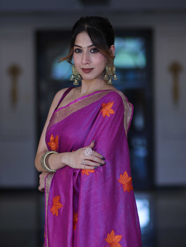 Bhagalpur Handloom Pure Linen Saree With Floral Buta Design-Violet