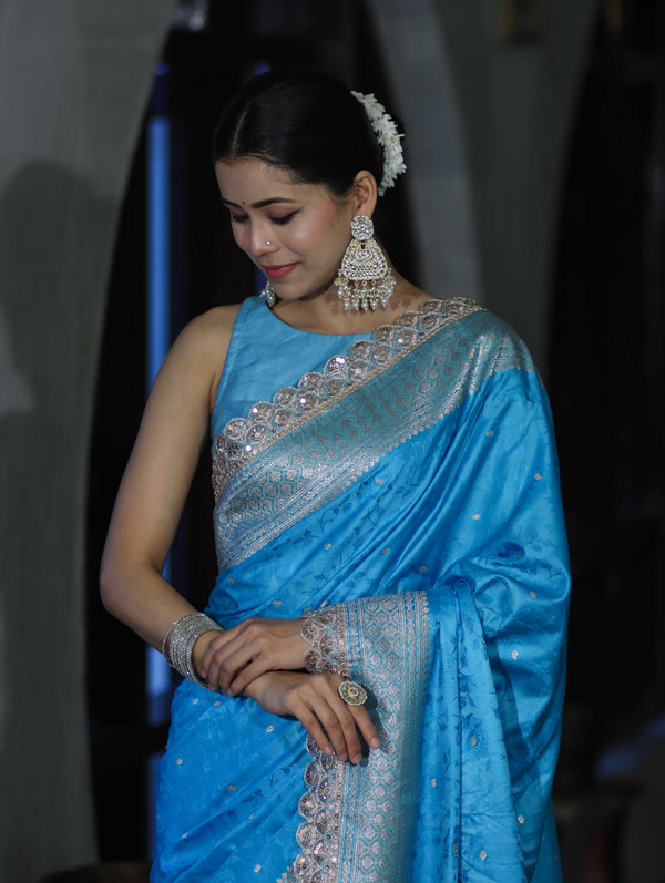Banarasee Handloom Mashru Silk Saree With Buti Design Zari Border & Lace-Sky Blue