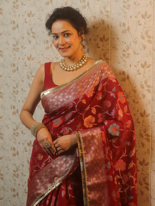 Banarasee Semi-Georgette Saree Meena Jaal Design With Gold Zari Border Design-Maroon