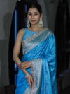 Banarasee Handloom Mashru Silk Saree With Buti Design Zari Border & Lace-Sky Blue
