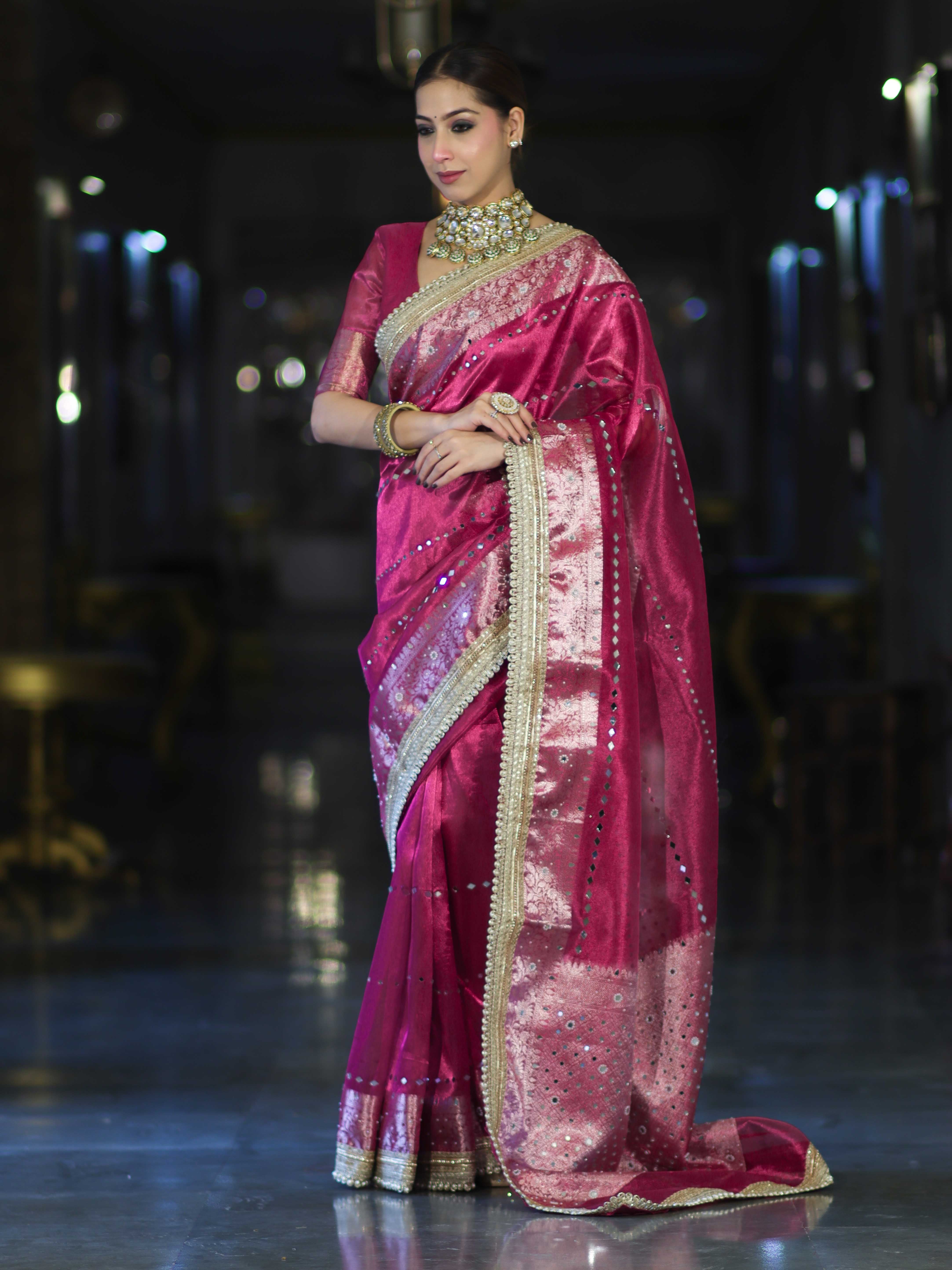 Banarasee Handloom Tissue Saree With Hand Embroidered Mirror Work & Zari Woven Pallu-Magenta