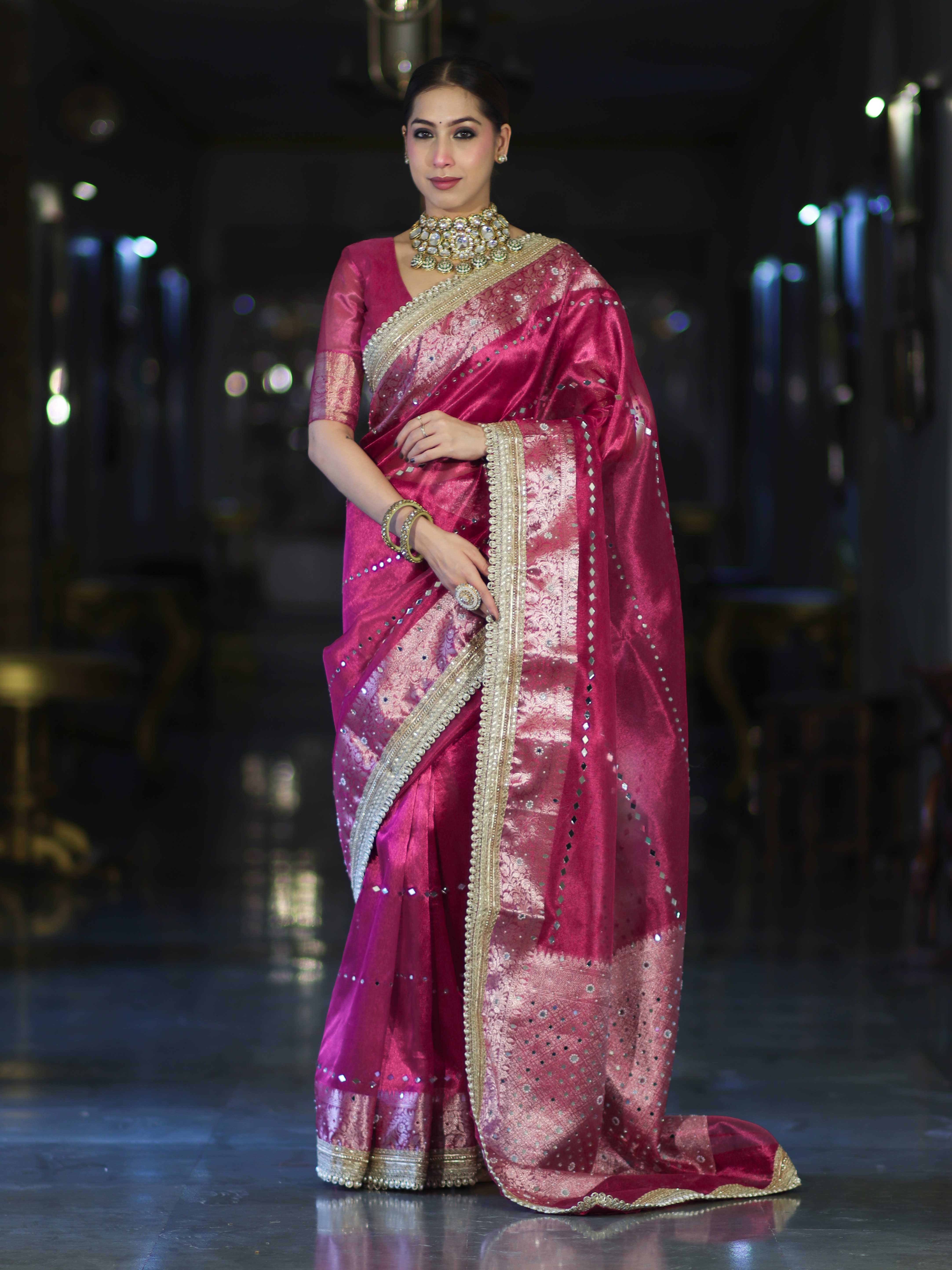 Banarasee Handloom Tissue Saree With Hand Embroidered Mirror Work & Zari Woven Pallu-Magenta