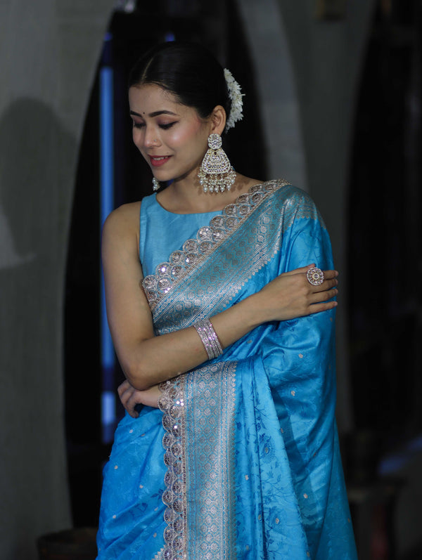 Banarasee Handloom Mashru Silk Saree With Buti Design Zari Border & Lace-Sky Blue