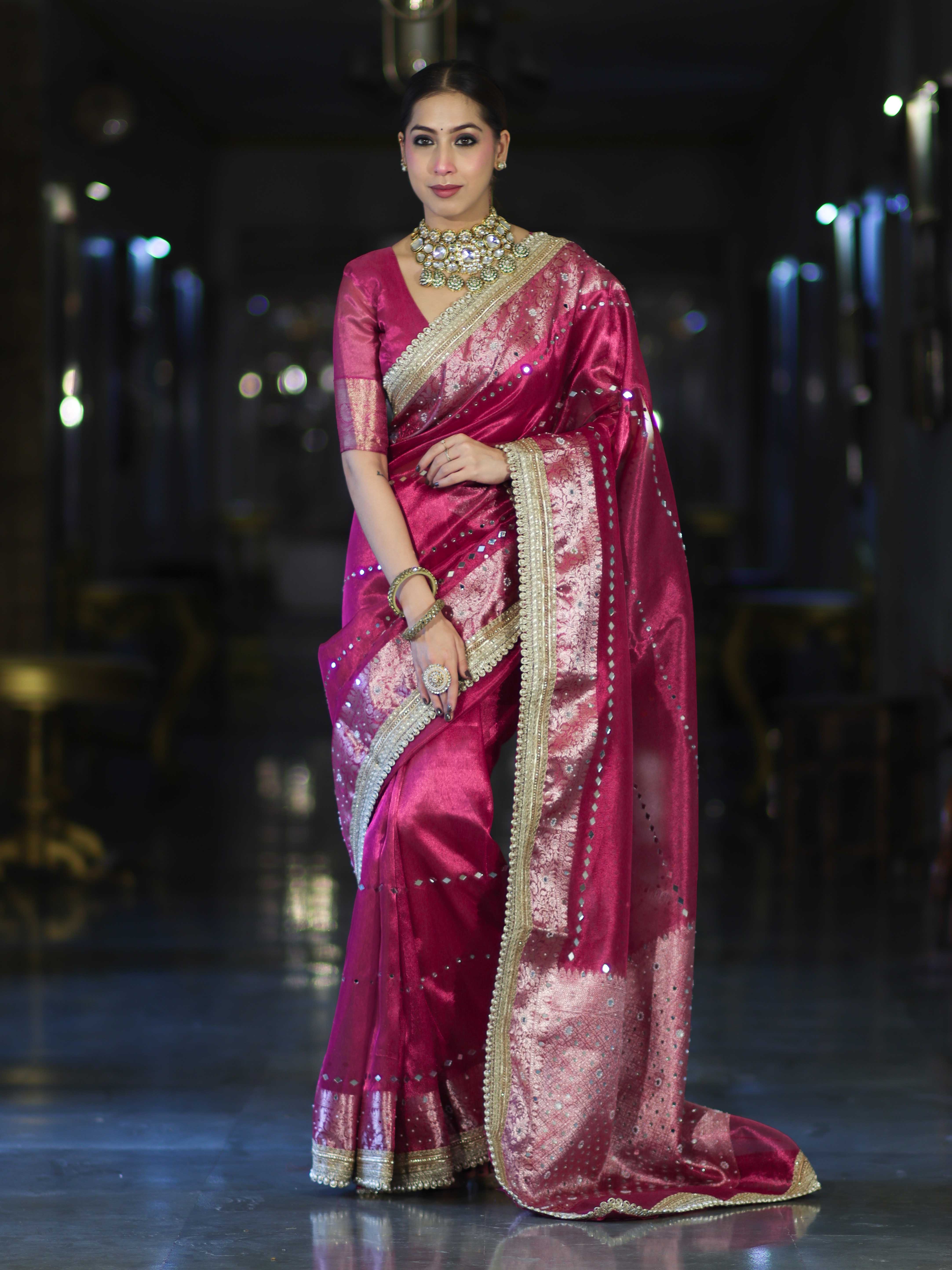 Banarasee Handloom Tissue Saree With Hand Embroidered Mirror Work & Zari Woven Pallu-Magenta