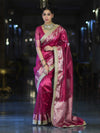 Banarasee Handloom Tissue Saree With Hand Embroidered Mirror Work & Zari Woven Pallu-Magenta