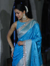 Banarasee Handloom Mashru Silk Saree With Buti Design Zari Border & Lace-Sky Blue