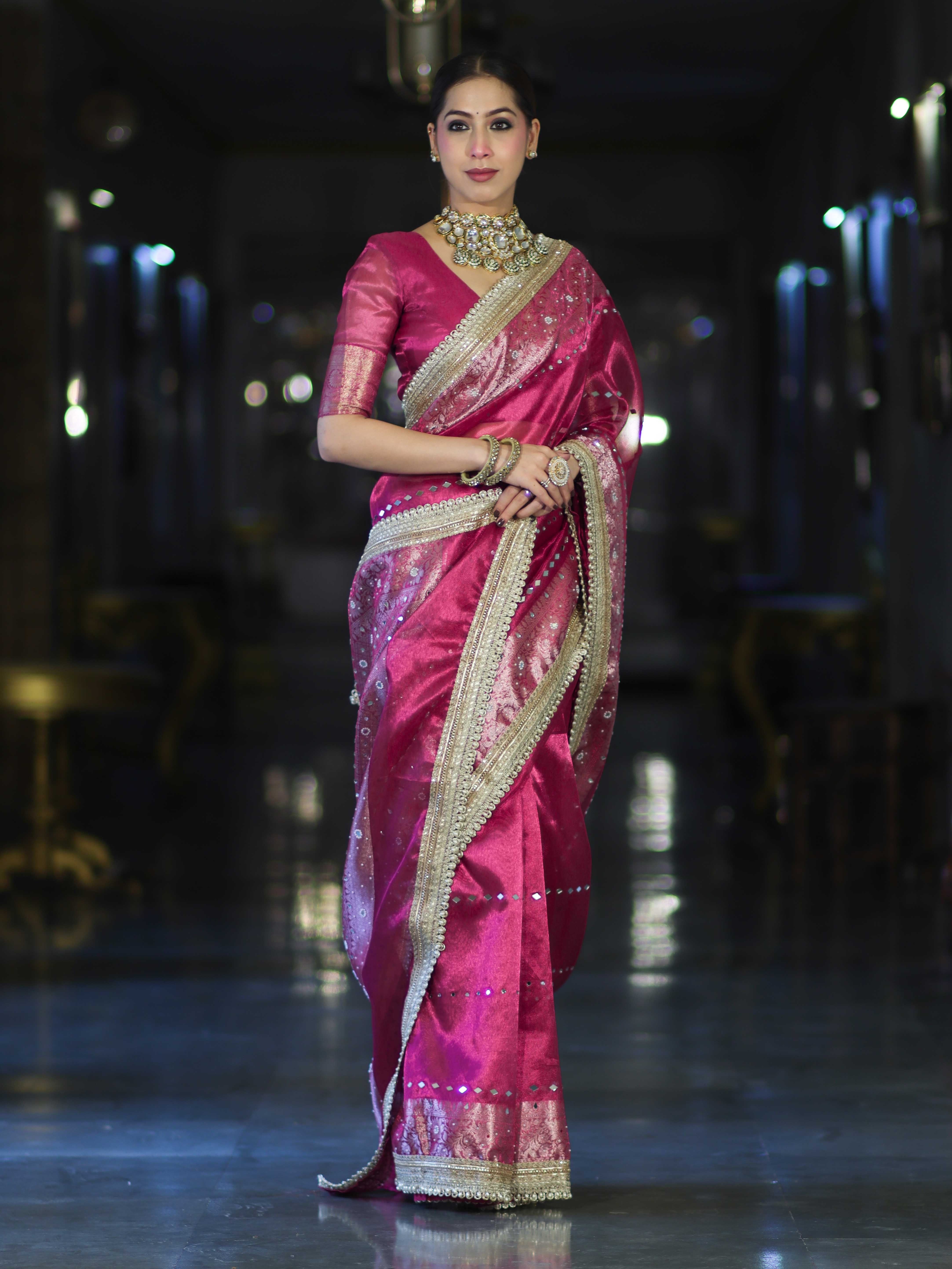 Banarasee Handloom Tissue Saree With Hand Embroidered Mirror Work & Zari Woven Pallu-Magenta