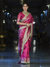 Banarasee Handloom Tissue Saree With Hand Embroidered Mirror Work & Zari Woven Pallu-Magenta