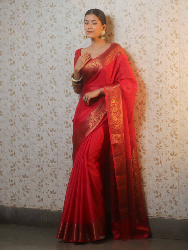 Banarasee Handwoven Semi Silk Plain Saree With Antique Zari Border-Red