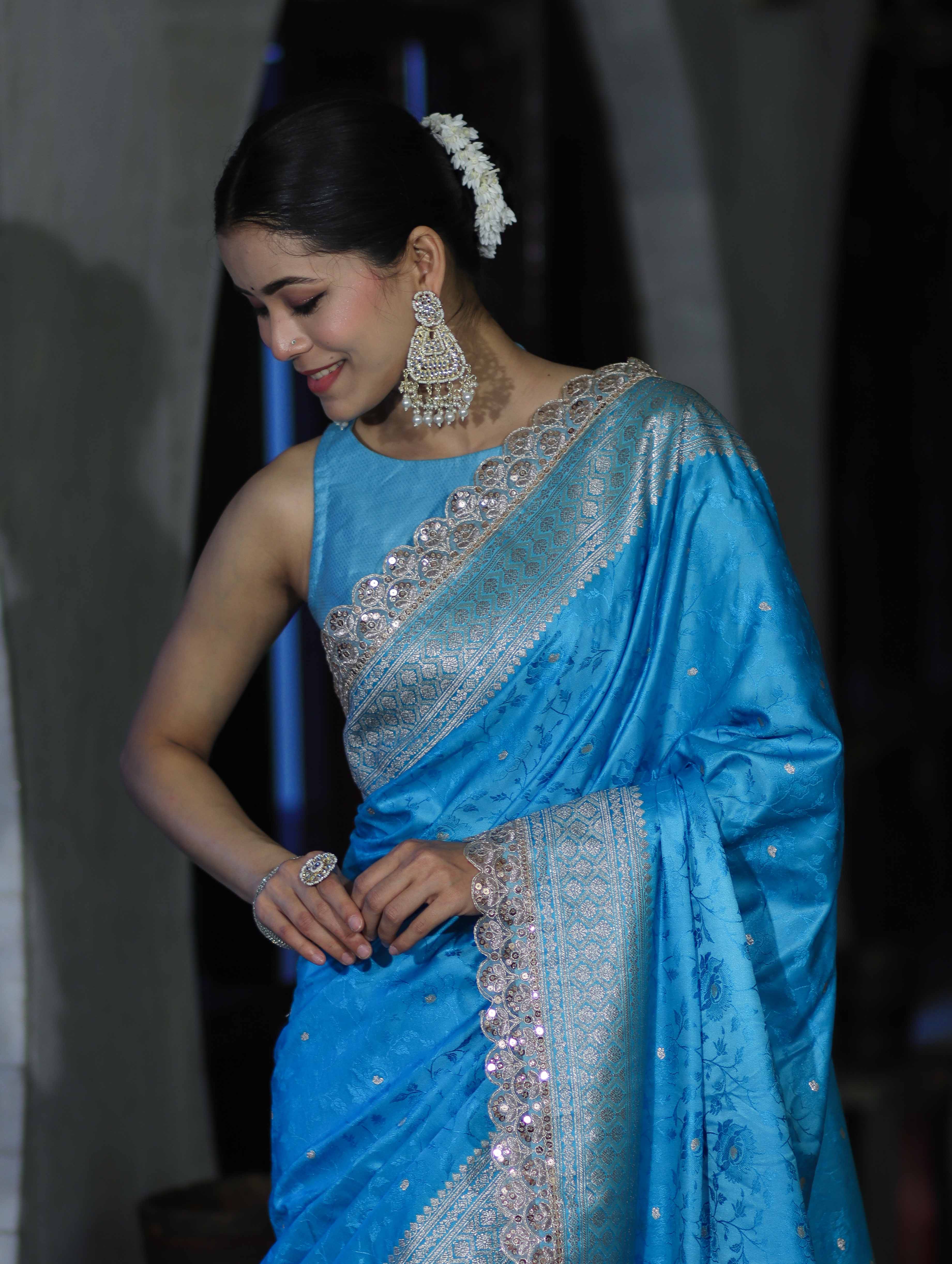 Banarasee Handloom Mashru Silk Saree With Buti Design Zari Border & Lace-Sky Blue