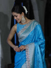 Banarasee Handloom Mashru Silk Saree With Buti Design Zari Border & Lace-Sky Blue