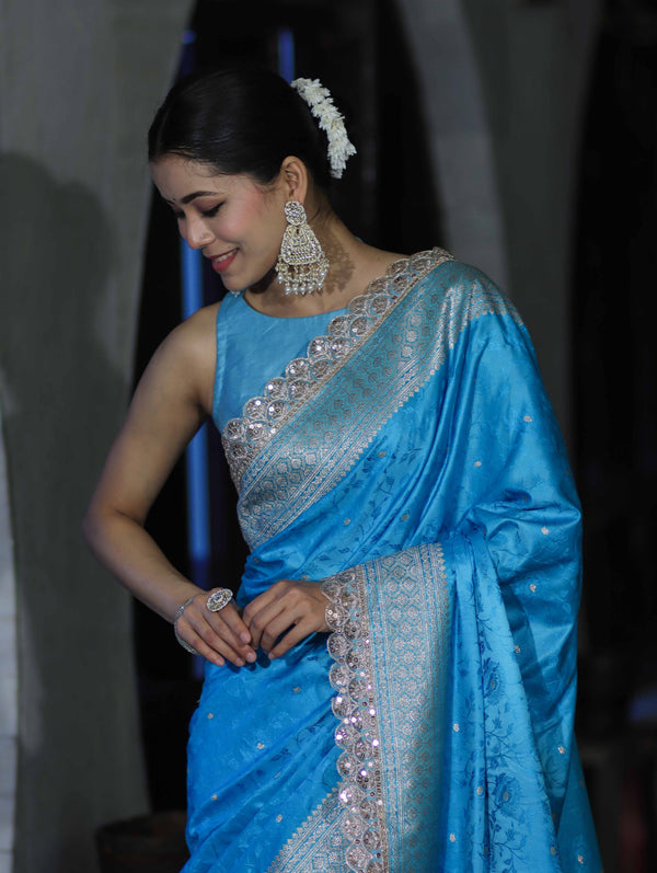 Banarasee Handloom Mashru Silk Saree With Buti Design Zari Border & Lace-Sky Blue