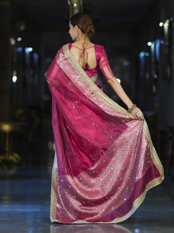 Banarasee Handloom Tissue Saree With Hand Embroidered Mirror Work & Zari Woven Pallu-Magenta