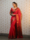 Banarasee Handwoven Semi Silk Plain Saree With Antique Zari Border-Red