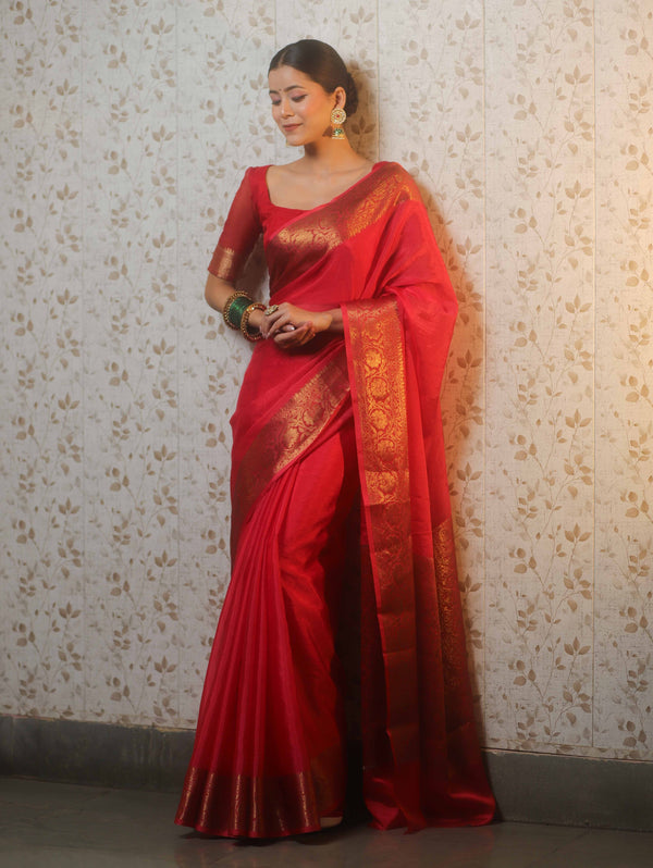Banarasee Handwoven Semi Silk Plain Saree With Antique Zari Border-Red