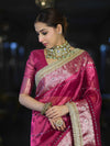 Banarasee Handloom Tissue Saree With Hand Embroidered Mirror Work & Zari Woven Pallu-Magenta