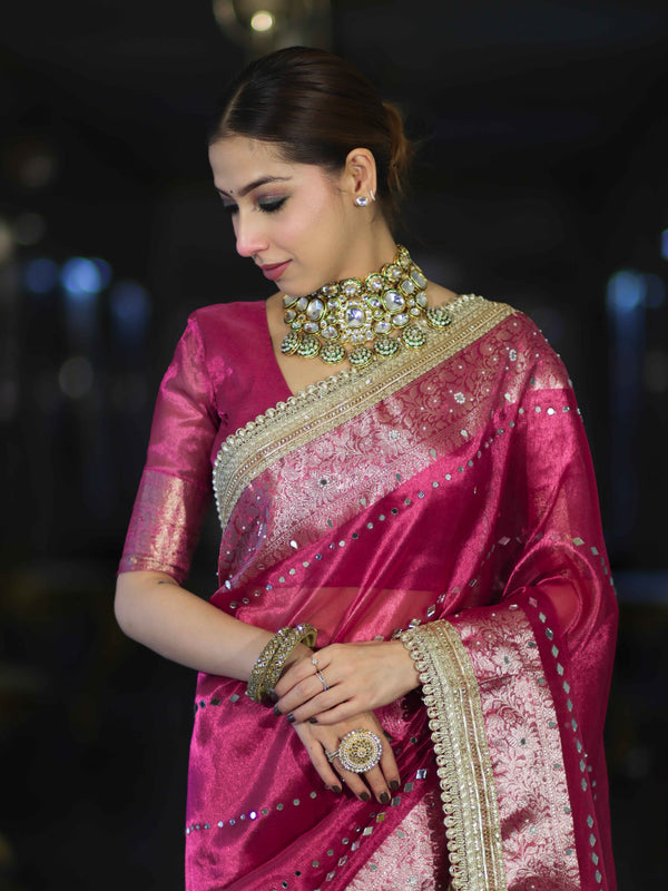 Banarasee Handloom Tissue Saree With Hand Embroidered Mirror Work & Zari Woven Pallu-Magenta