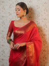 Banarasee Handwoven Semi Silk Plain Saree With Antique Zari Border-Red