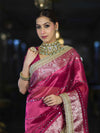 Banarasee Handloom Tissue Saree With Hand Embroidered Mirror Work & Zari Woven Pallu-Magenta