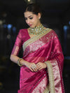 Banarasee Handloom Tissue Saree With Hand Embroidered Mirror Work & Zari Woven Pallu-Magenta
