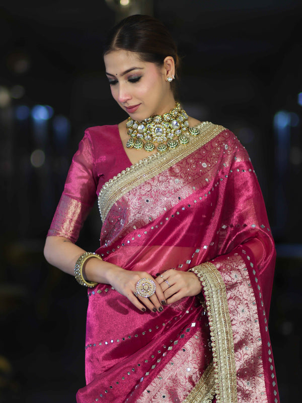 Banarasee Handloom Tissue Saree With Hand Embroidered Mirror Work & Zari Woven Pallu-Magenta