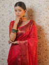 Banarasee Handwoven Semi Silk Plain Saree With Antique Zari Border-Red