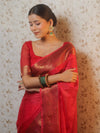 Banarasee Handwoven Semi Silk Plain Saree With Antique Zari Border-Red
