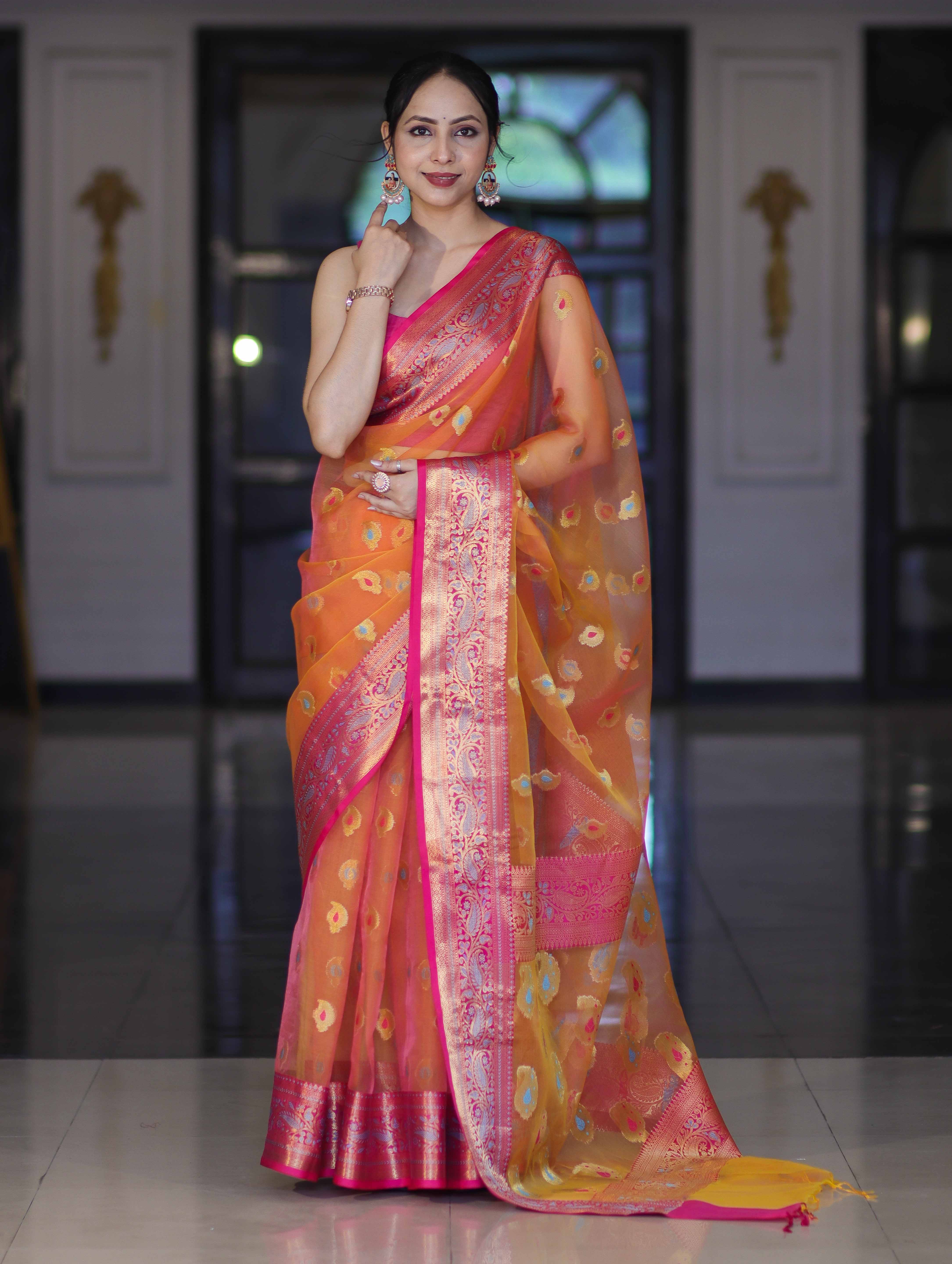 Banarasee Dual Tone Organza Mix Saree With Resham Zari Work & Contrast Border-Orange & Pink