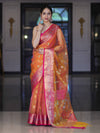 Banarasee Dual Tone Organza Mix Saree With Resham Zari Work & Contrast Border-Orange & Pink