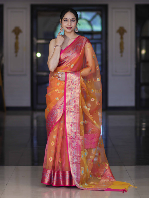 Banarasee Dual Tone Organza Mix Saree With Resham Zari Work & Contrast Border-Orange & Pink