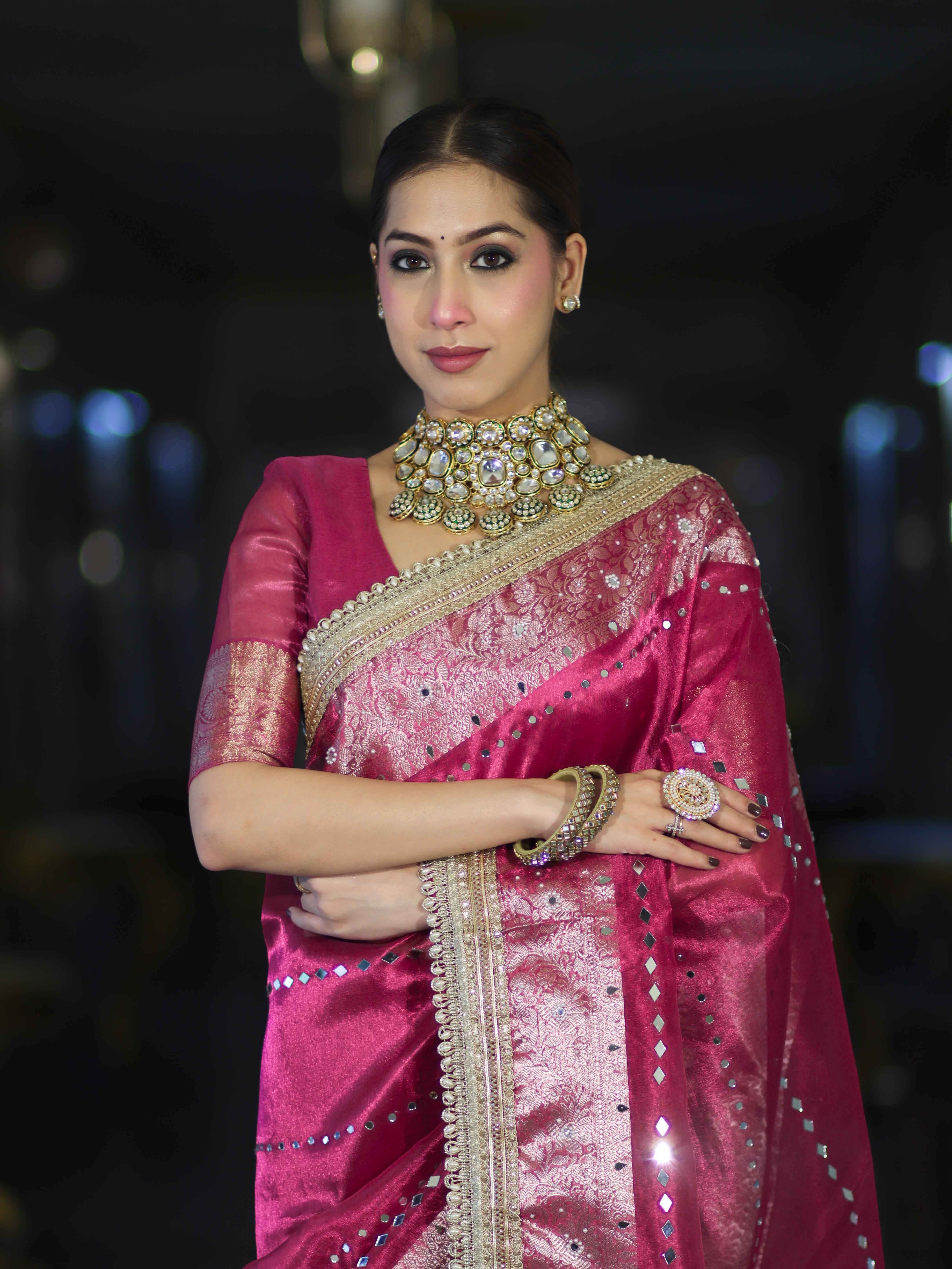 Banarasee Handloom Tissue Saree With Hand Embroidered Mirror Work & Zari Woven Pallu-Magenta
