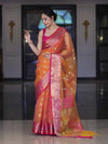 Banarasee Dual Tone Organza Mix Saree With Resham Zari Work & Contrast Border-Orange & Pink
