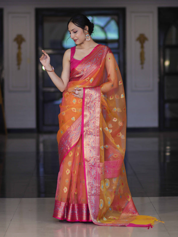 Banarasee Dual Tone Organza Mix Saree With Resham Zari Work & Contrast Border-Orange & Pink