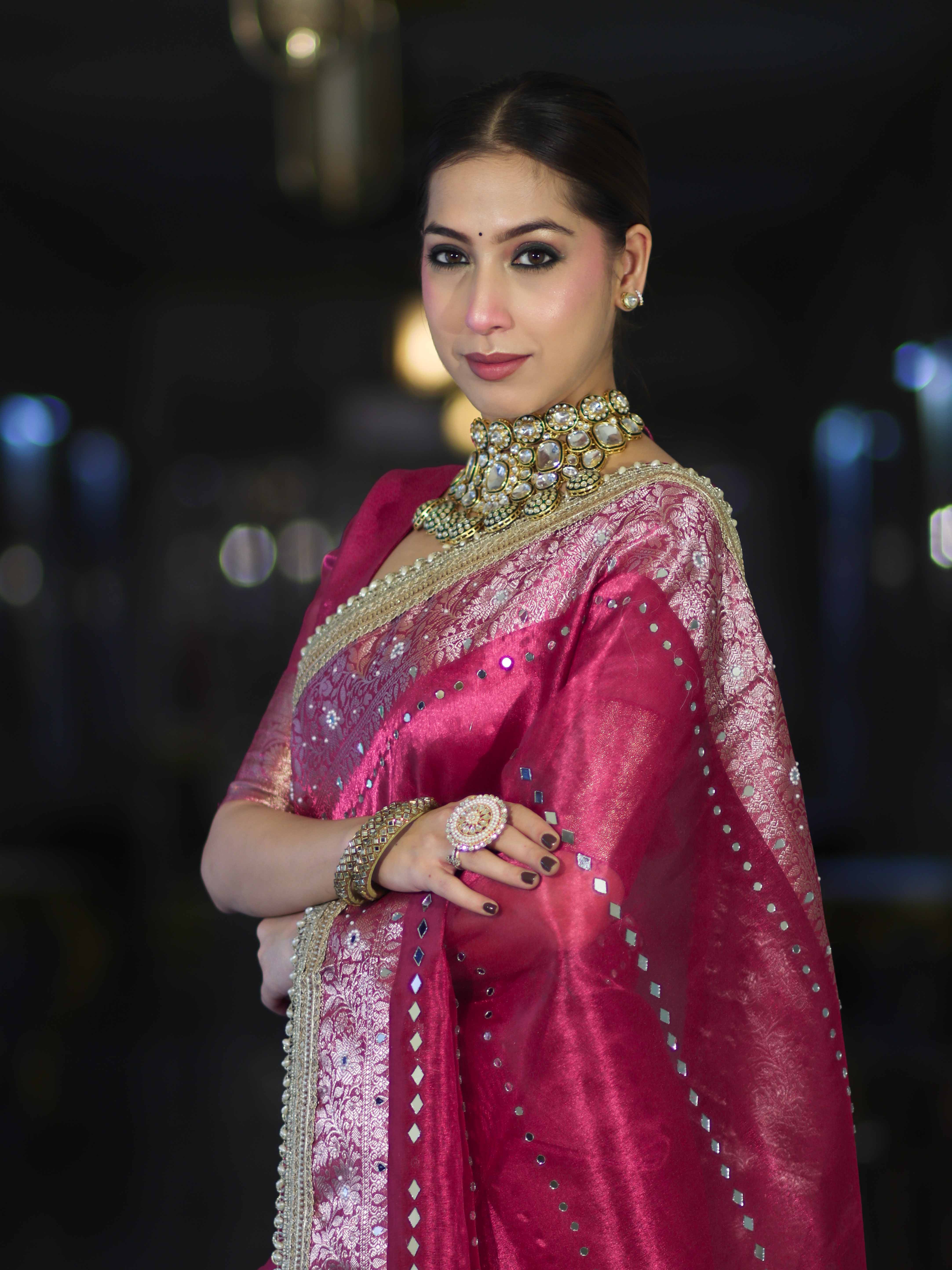 Banarasee Handloom Tissue Saree With Hand Embroidered Mirror Work & Zari Woven Pallu-Magenta