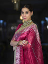 Banarasee Handloom Tissue Saree With Hand Embroidered Mirror Work & Zari Woven Pallu-Magenta