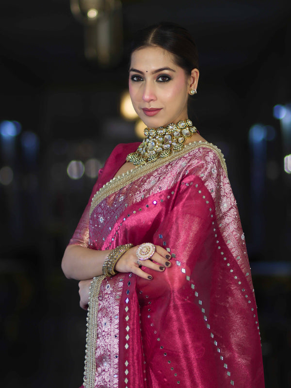 Banarasee Handloom Tissue Saree With Hand Embroidered Mirror Work & Zari Woven Pallu-Magenta