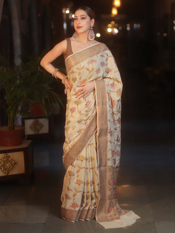 Banarasee Pure Handloom Muga Silk Saree With Resham Zari Weaving-Light Beige