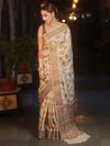 Banarasee Pure Handloom Muga Silk Saree With Resham Zari Weaving-Light Beige