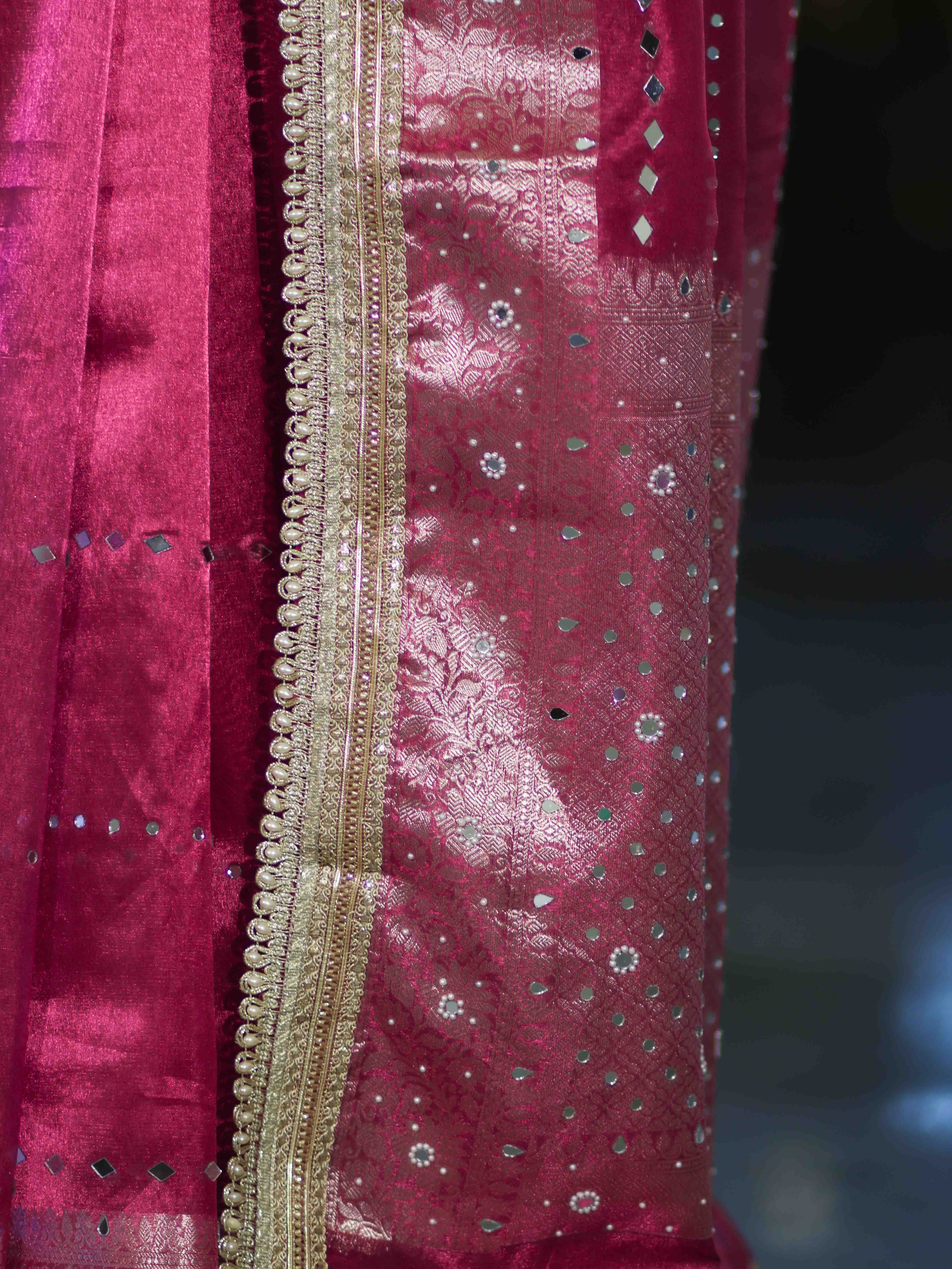 Banarasee Handloom Tissue Saree With Hand Embroidered Mirror Work & Zari Woven Pallu-Magenta