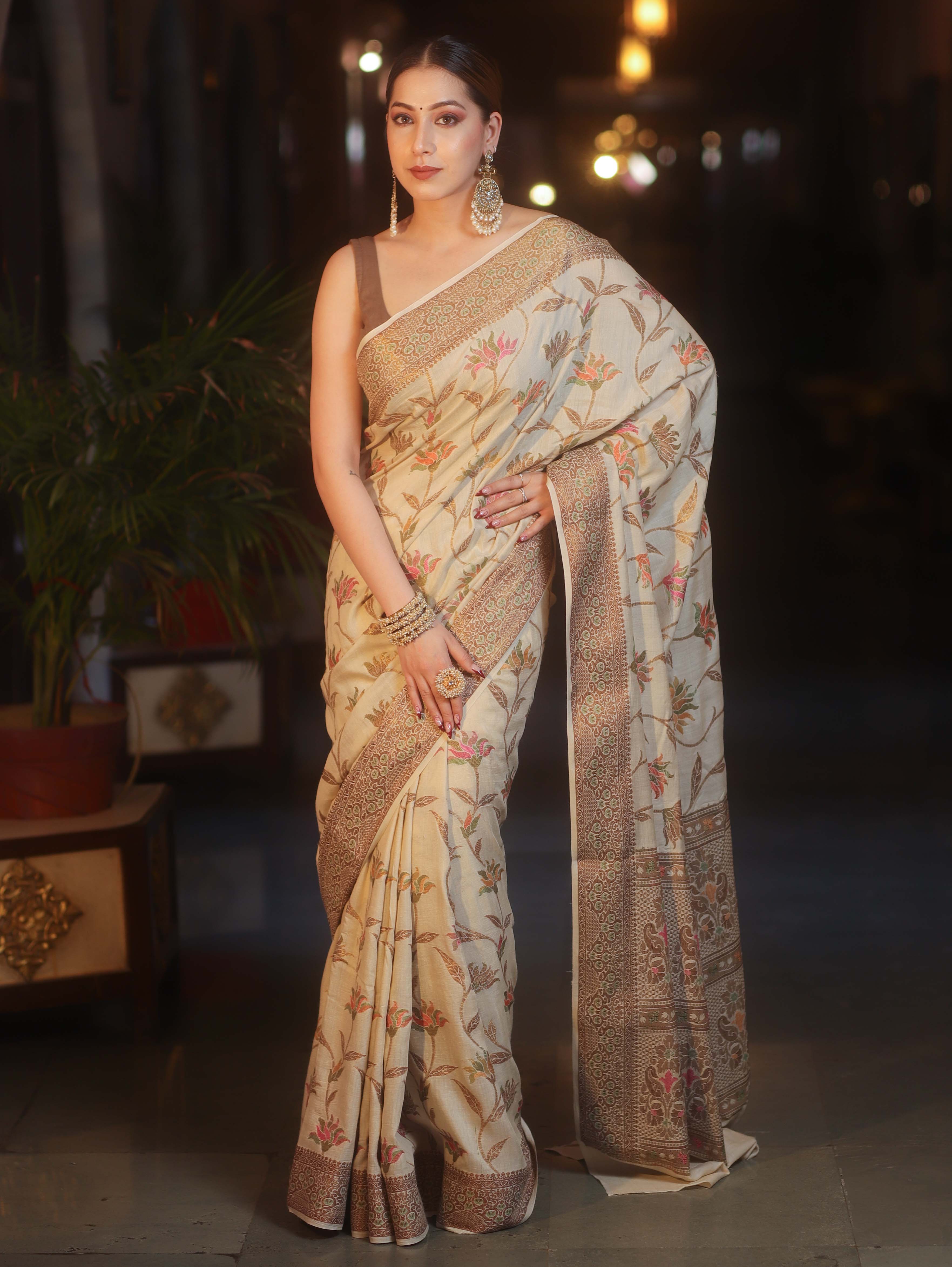 Banarasee Pure Handloom Muga Silk Saree With Resham Zari Weaving-Light Beige