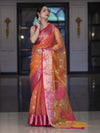 Banarasee Dual Tone Organza Mix Saree With Resham Zari Work & Contrast Border-Orange & Pink