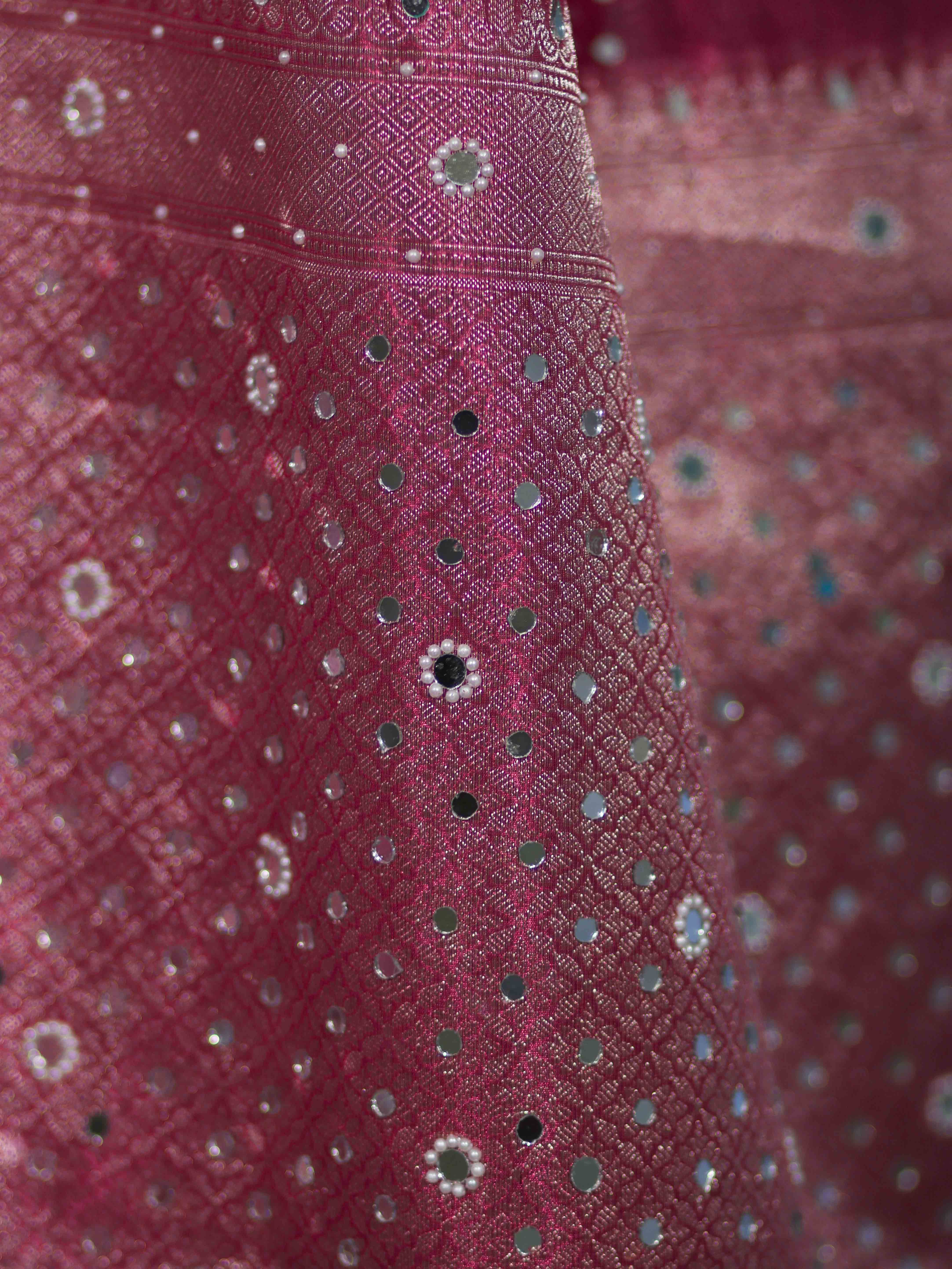 Banarasee Handloom Tissue Saree With Hand Embroidered Mirror Work & Zari Woven Pallu-Magenta