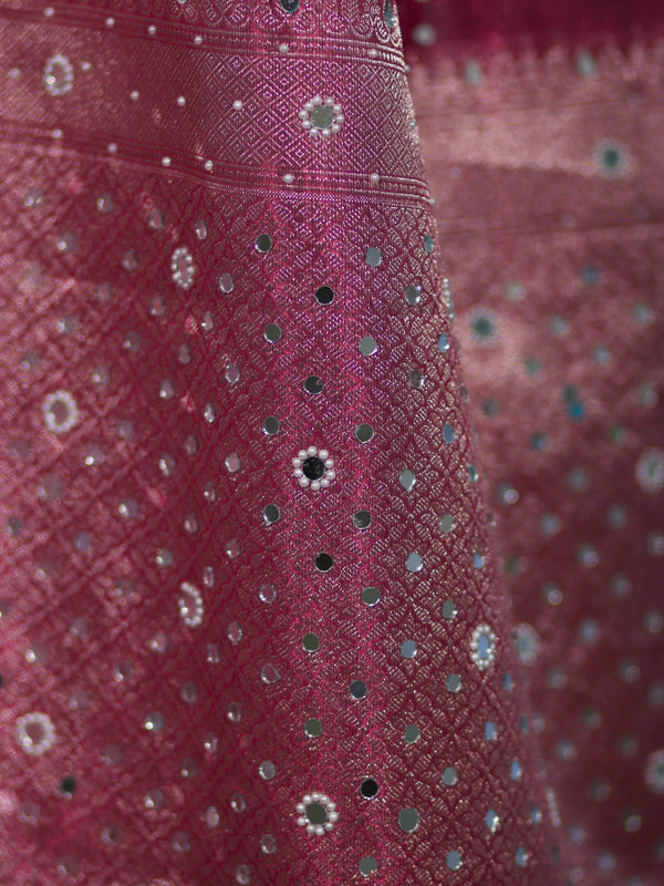 Banarasee Handloom Tissue Saree With Hand Embroidered Mirror Work & Zari Woven Pallu-Magenta