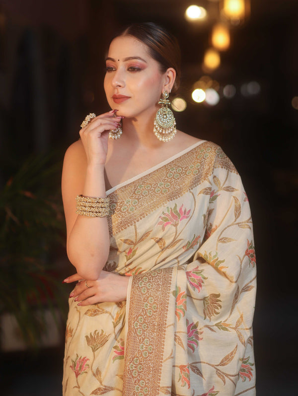 Banarasee Pure Handloom Muga Silk Saree With Resham Zari Weaving-Light Beige