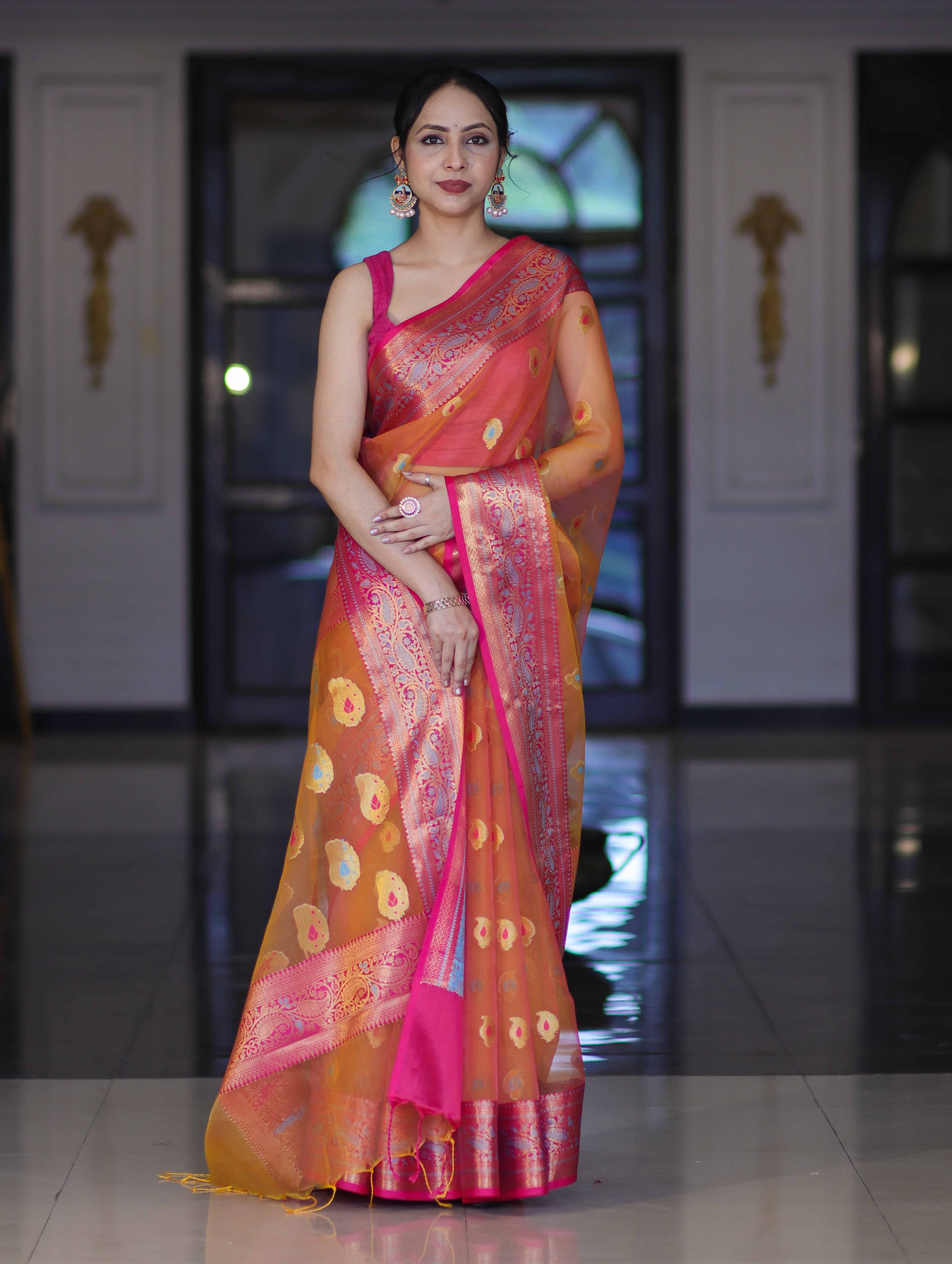 Banarasee Dual Tone Organza Mix Saree With Resham Zari Work & Contrast Border-Orange & Pink