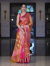 Banarasee Dual Tone Organza Mix Saree With Resham Zari Work & Contrast Border-Orange & Pink