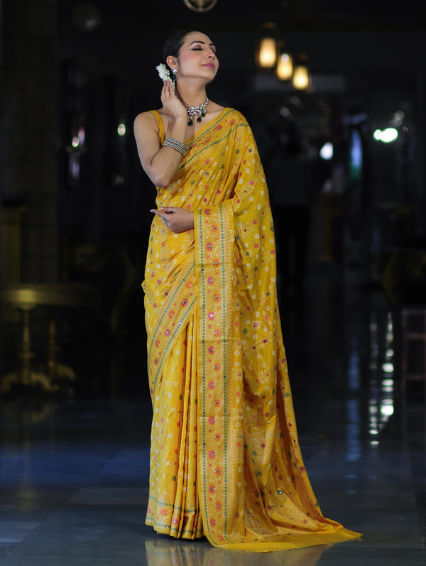 Banarasee Handloom Semi Silk Bandhej Saree With Zari Design Mirror Work & Floral Border-Yellow