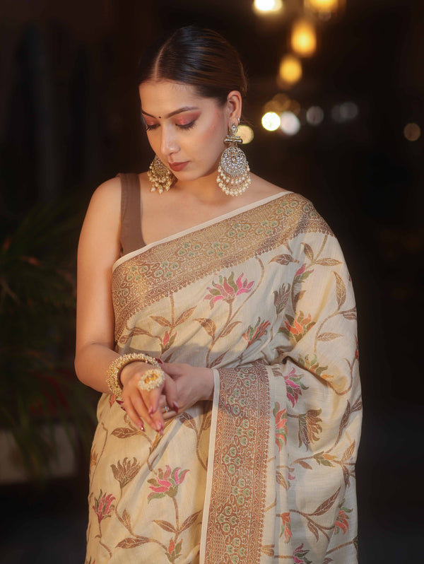 Banarasee Pure Handloom Muga Silk Saree With Resham Zari Weaving-Light Beige