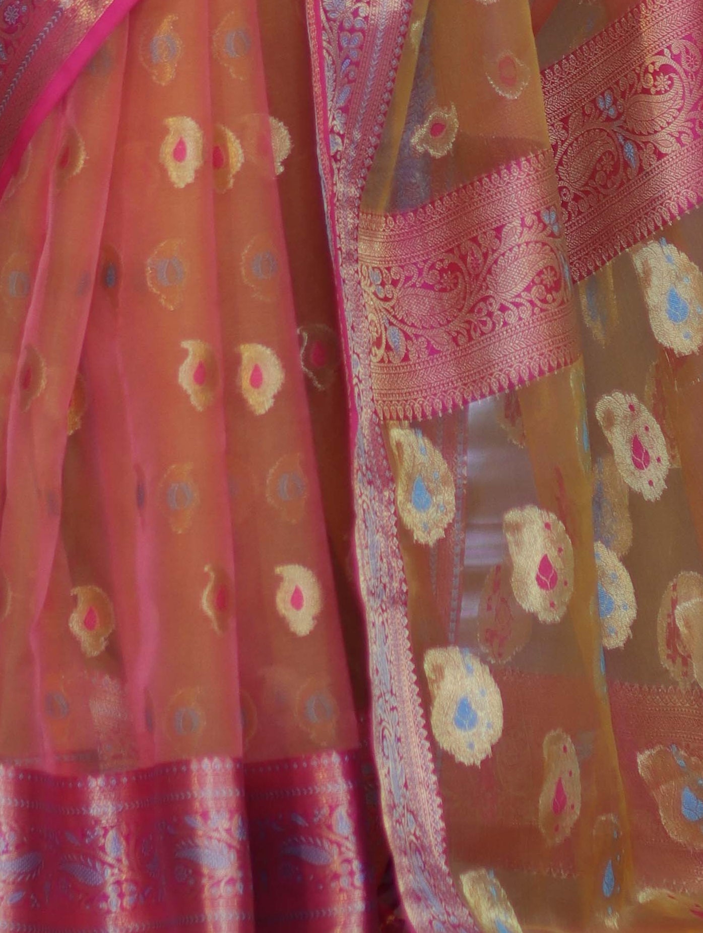 Banarasee Dual Tone Organza Mix Saree With Resham Zari Work & Contrast Border-Orange & Pink
