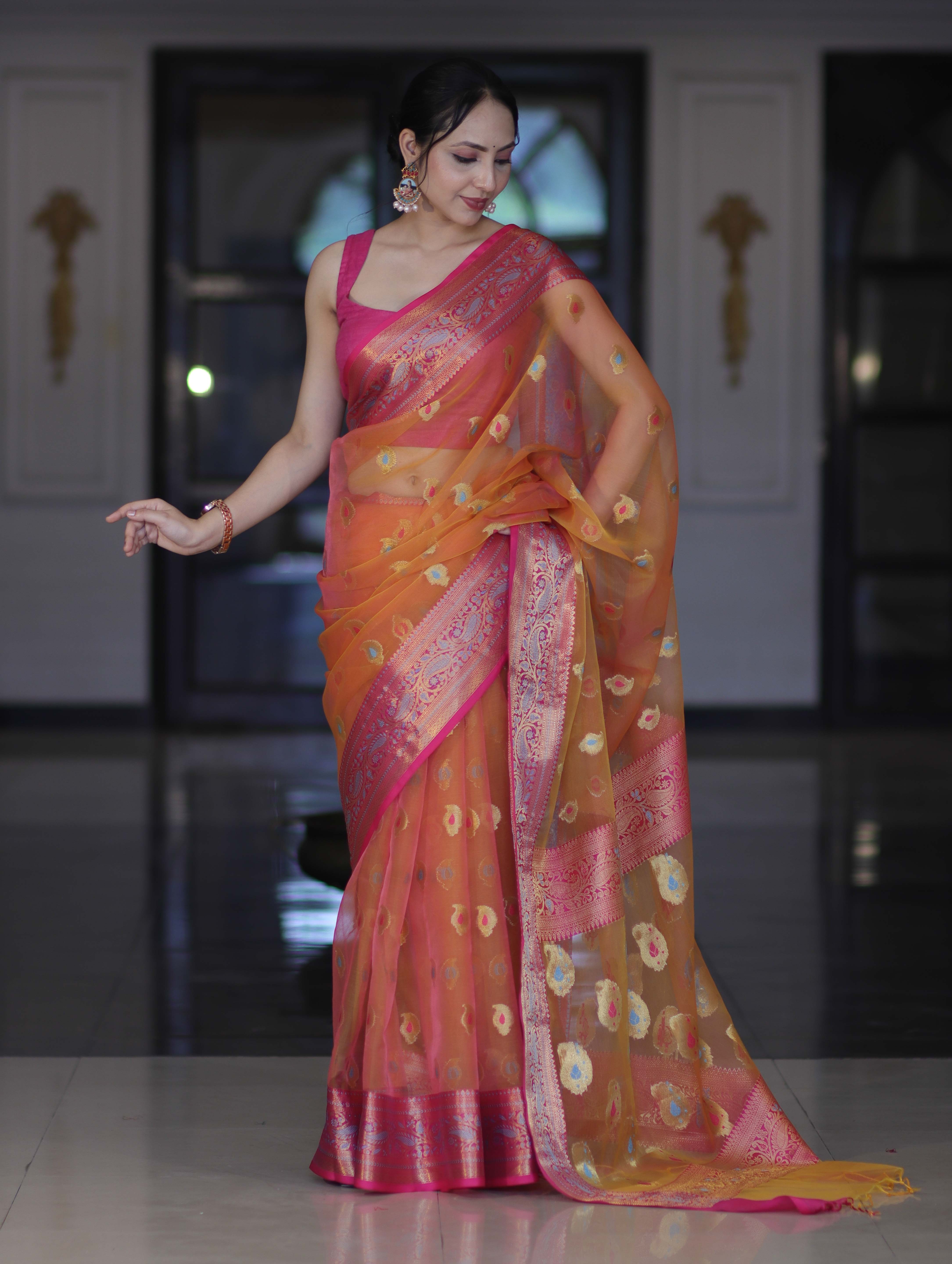 Banarasee Dual Tone Organza Mix Saree With Resham Zari Work & Contrast Border-Orange & Pink